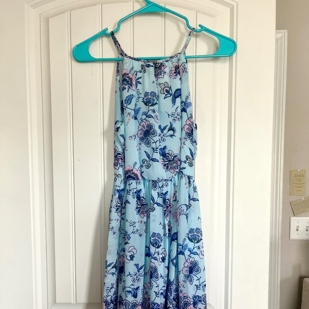 Francesca's Teal Floral Print Midi Dress Halter Neck Flowy XS